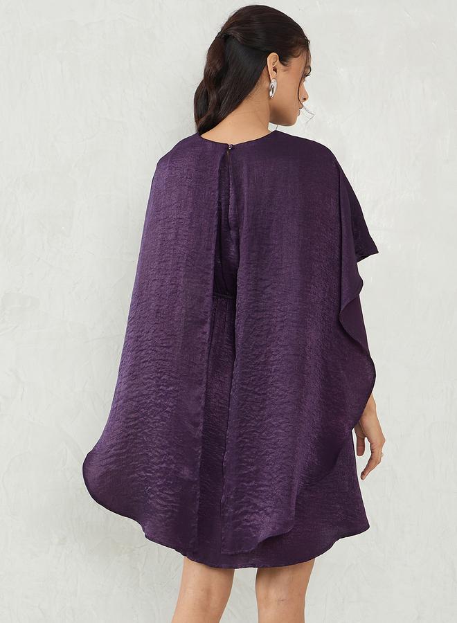 Femmella Deep Purple Satin Cape Sleeve Mini Dress - Image 2