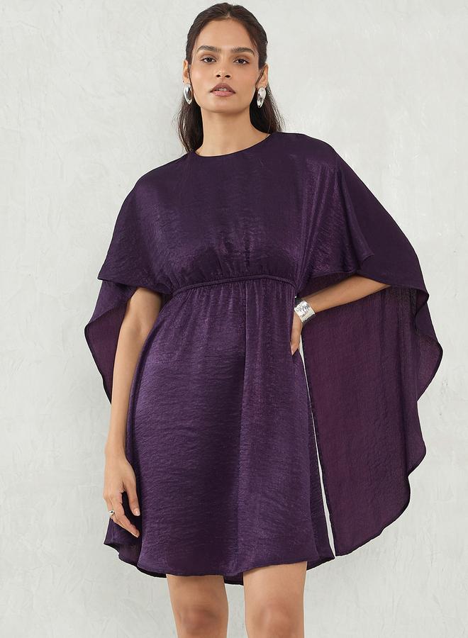 Femmella Deep Purple Satin Cape Sleeve Mini Dress - Image 1