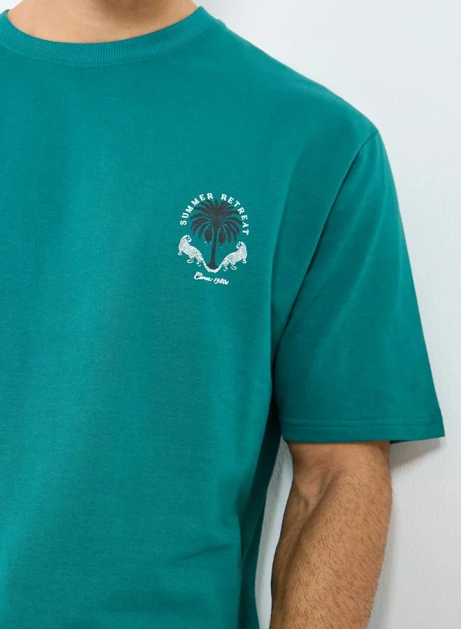 Styli Men Teal Patch Graphic Oversized T-Shirt