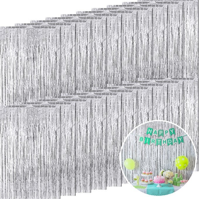 20 PCS FOIL CURTAINS FRINGE CURTAINS 328 X 82 FT METALLIC TINSEL BACKDROP CURTAINS FOR CHRISTMAS PARTY 2025 NEW YEAR PHOTO BACKDROP WEDDING BABY SHOWER BRIDAL PHOTO DECORSILVER