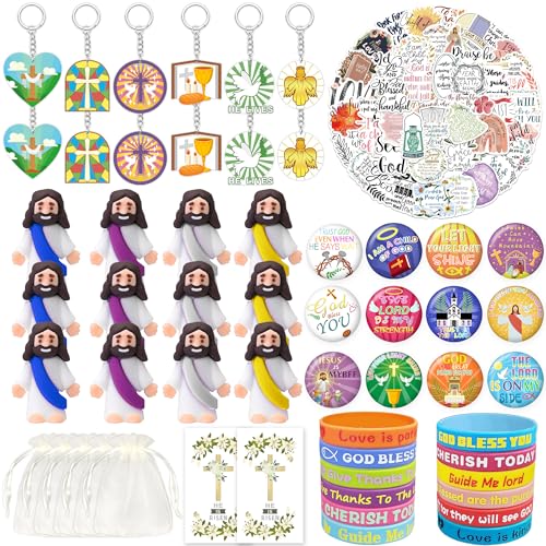 Tazimi 122 PCS Christian Bible Party Favors Jesus Party Favors Cross Goodie Bags with Stickers Rubber Bracelets Button Pins and Bags for Christian Party Supplies Decorations - Image 1