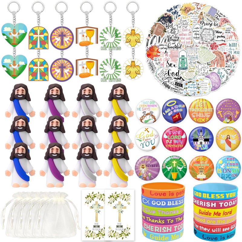 Tazimi 122 PCS Christian Bible Party Favors Jesus Party Favors Cross Goodie Bags with Stickers Rubber Bracelets Button Pins and Bags for Christian Party Supplies Decorations - Image 3