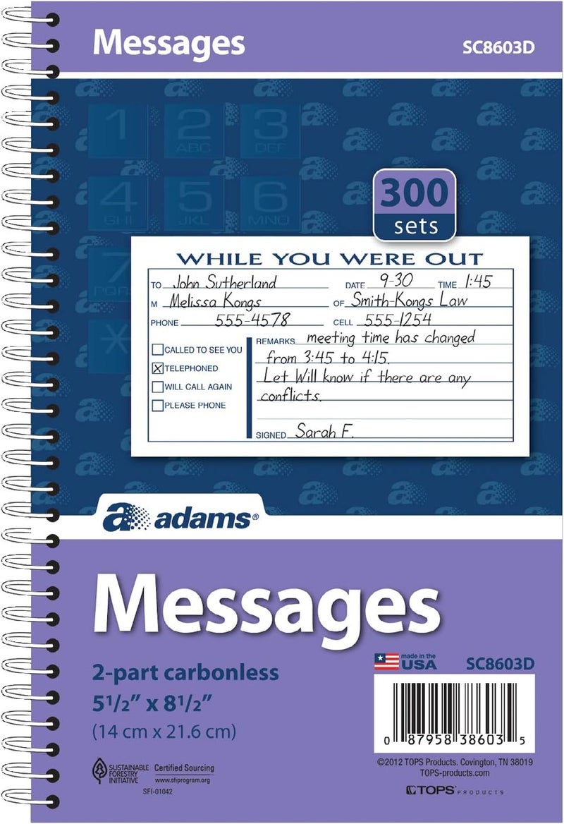 ADAMS Phone Message Book, 8.5 x 5.25 Inch, Spiral Bound, 2-Part, Carbonless, 3 Messages per Page, 300 Sets, White and Canary (SC8603D) - Image 2