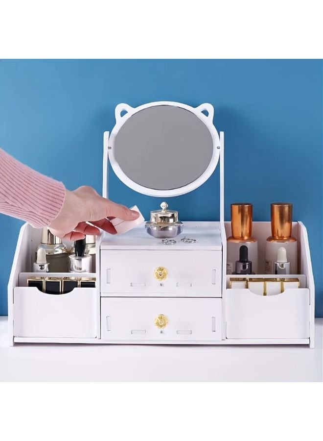 White Cosmetic Organizer With Cat Ear Mirror Multiple Drawers Dust Cover Storage Box - Image 2