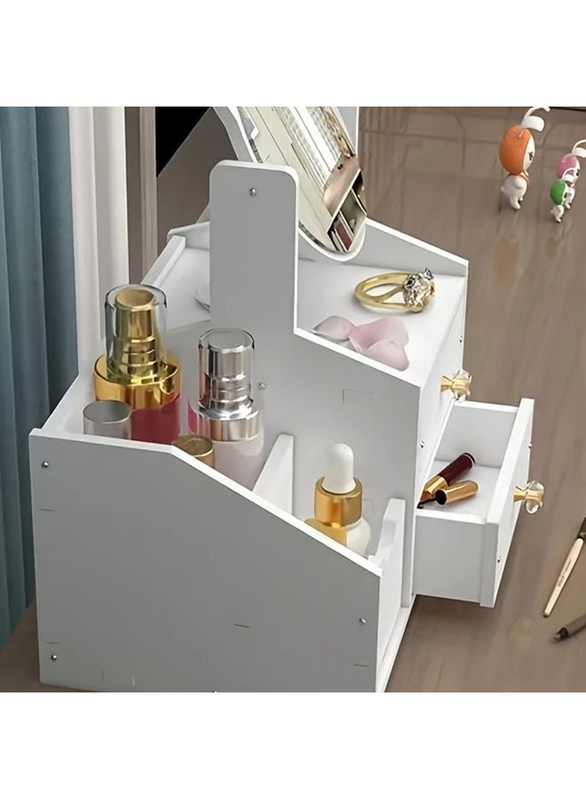 White Cosmetic Organizer With Cat Ear Mirror Multiple Drawers Dust Cover Storage Box - Image 1
