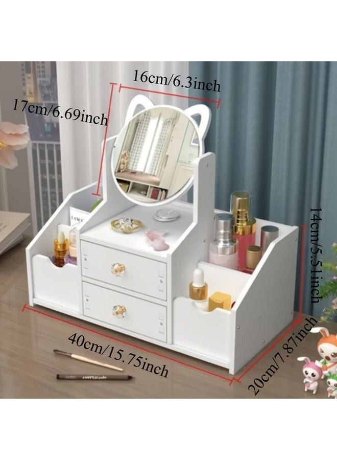 White Cosmetic Organizer With Cat Ear Mirror Multiple Drawers Dust Cover Storage Box - Image 5