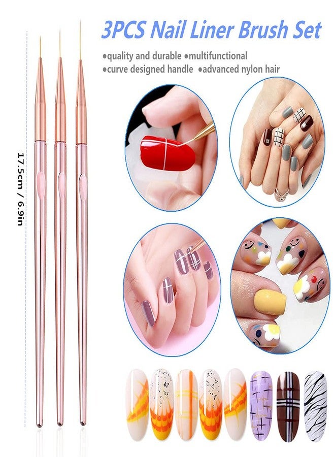 FULINJOY 3 Pcs Rose Gold Nail Art Liner Brushes Set, UV Gel Acrylic Application Nail Pens Nail Art Designs Tools(7mm/9mm/11mm) - Image 2