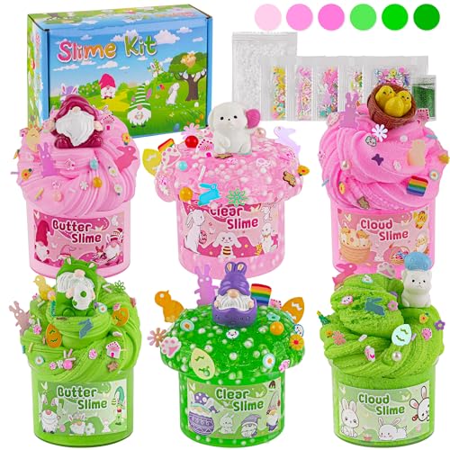 LAWOHO 6 Packs Bunny Easter Slime Kit Cloud Clear Butter Slimes with Easter Charms Addins Soft Fluffy Slimes Kits for Girls Boys 360ml Pink Green Easter Slime Making Kit Party Favor for Kids - Image 1