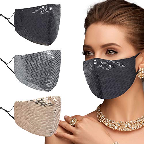 UOUDIO Rhinestone Crystal Face Mask， Masquerade Fashion Bling Mask for Women，Reusable Face Mask，Washable Face Mask，Diamond Sparkling ((Silver, Champagne, and black) - Image 1