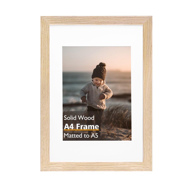 KINLINK A4 Picture Frame Natural Solid Wood Frame with Acrylic Plexiglass for Pictures A5 with Mat or A4 without Mat Tabletop and Wall Mounting Display Photo Frame 1 Pack