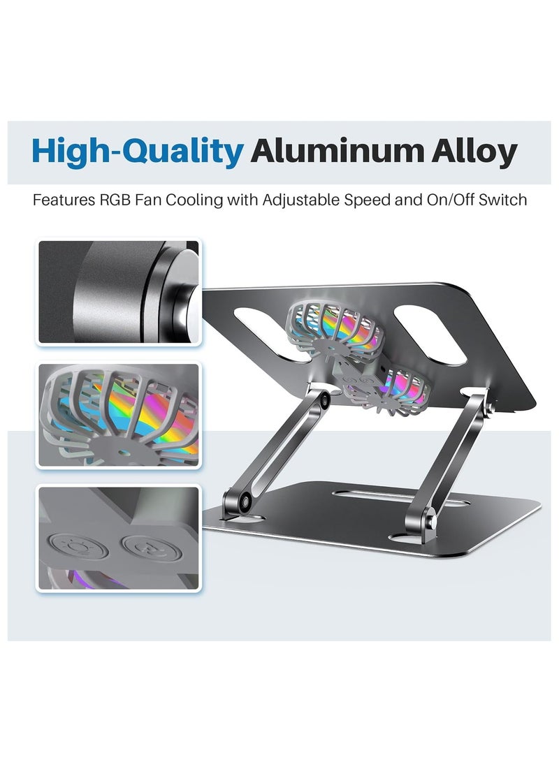 VKL Aluminum Alloy Laptop Cooling Stand with 2 Quiet Fans & RGB Lighting, Height Adjustable & Foldable Ergonomic Design for MacBook, Lenovo, ASUS, Dell 10-16 Inch, Perfect for Gaming, DJ, Office - Grey - Image 5