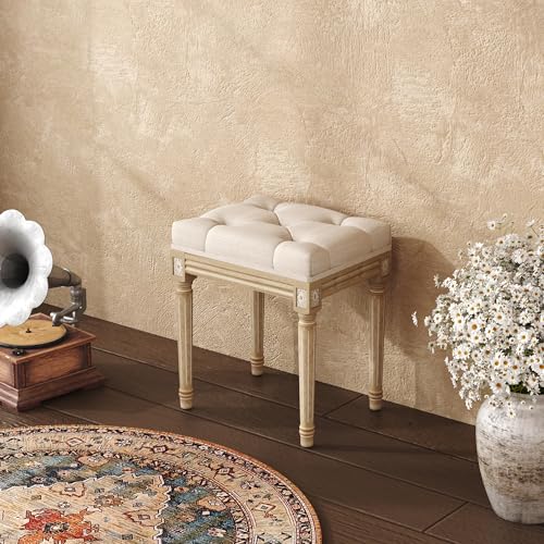 Yusong Vanity Stool Upholstered Bench Seat for Makeup Room, Vintage Small Bedroom Bench Dining Bench with Tufted Fabric for Living Room, Piano Stool with Rustic Wood, Easy Assemble,Beige - Image 3