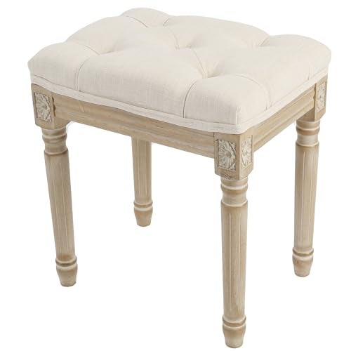 Yusong Vanity Stool Upholstered Bench Seat for Makeup Room, Vintage Small Bedroom Bench Dining Bench with Tufted Fabric for Living Room, Piano Stool with Rustic Wood, Easy Assemble,Beige - Image 1
