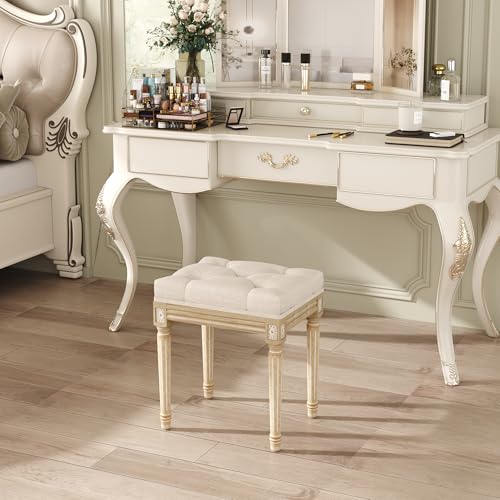 Yusong Vanity Stool Upholstered Bench Seat for Makeup Room, Vintage Small Bedroom Bench Dining Bench with Tufted Fabric for Living Room, Piano Stool with Rustic Wood, Easy Assemble,Beige - Image 2