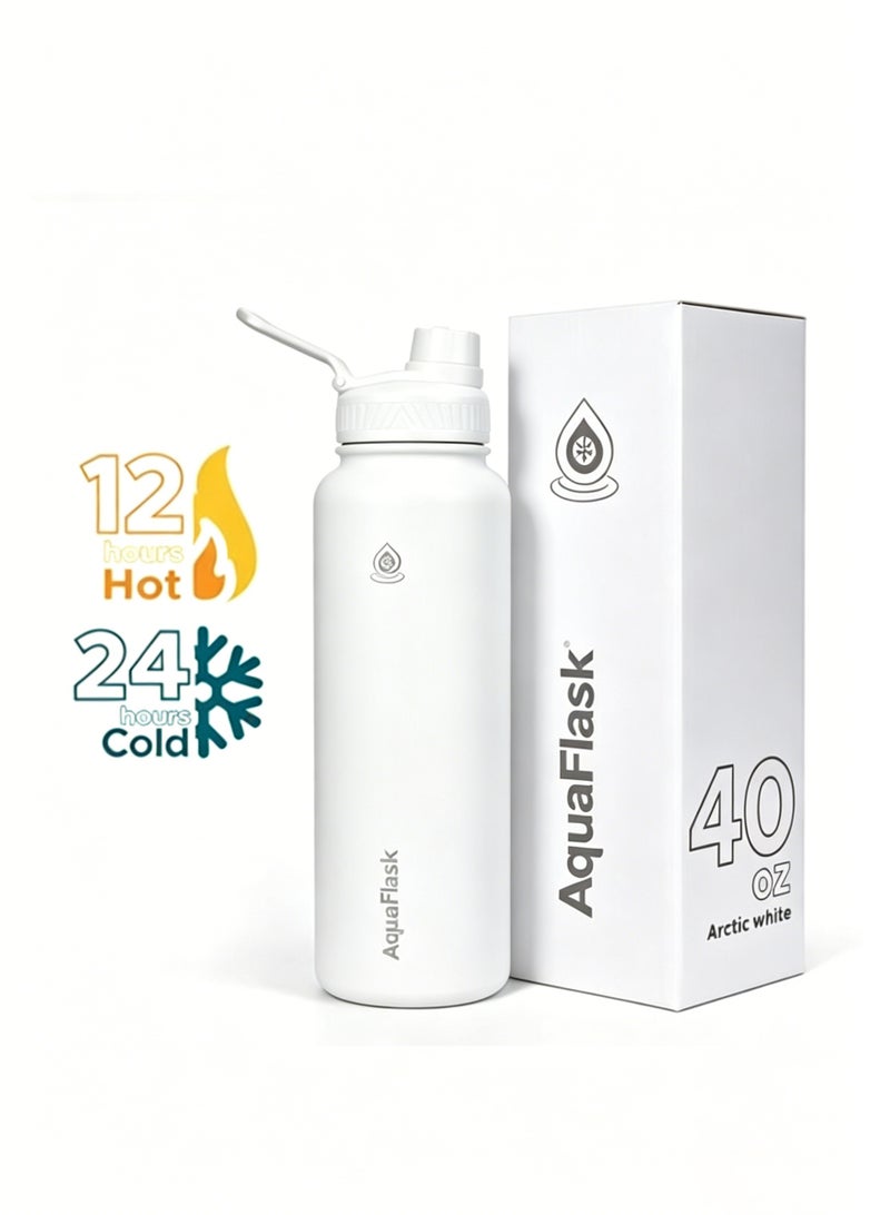 AquaFlask زجاجة ماء من الفولاذ المقاوم للصدأ معزولة، 40 أونصة/1200 مل، ترمس مزدوج الجدران للسوائل الساخنة والباردة، احتفاظ بالحرارة لمدة 12 ساعة أو البرودة لمدة 24 ساعة، خالية من BPA، للاستخدام في الصالة الرياضية والعمل - Image 1