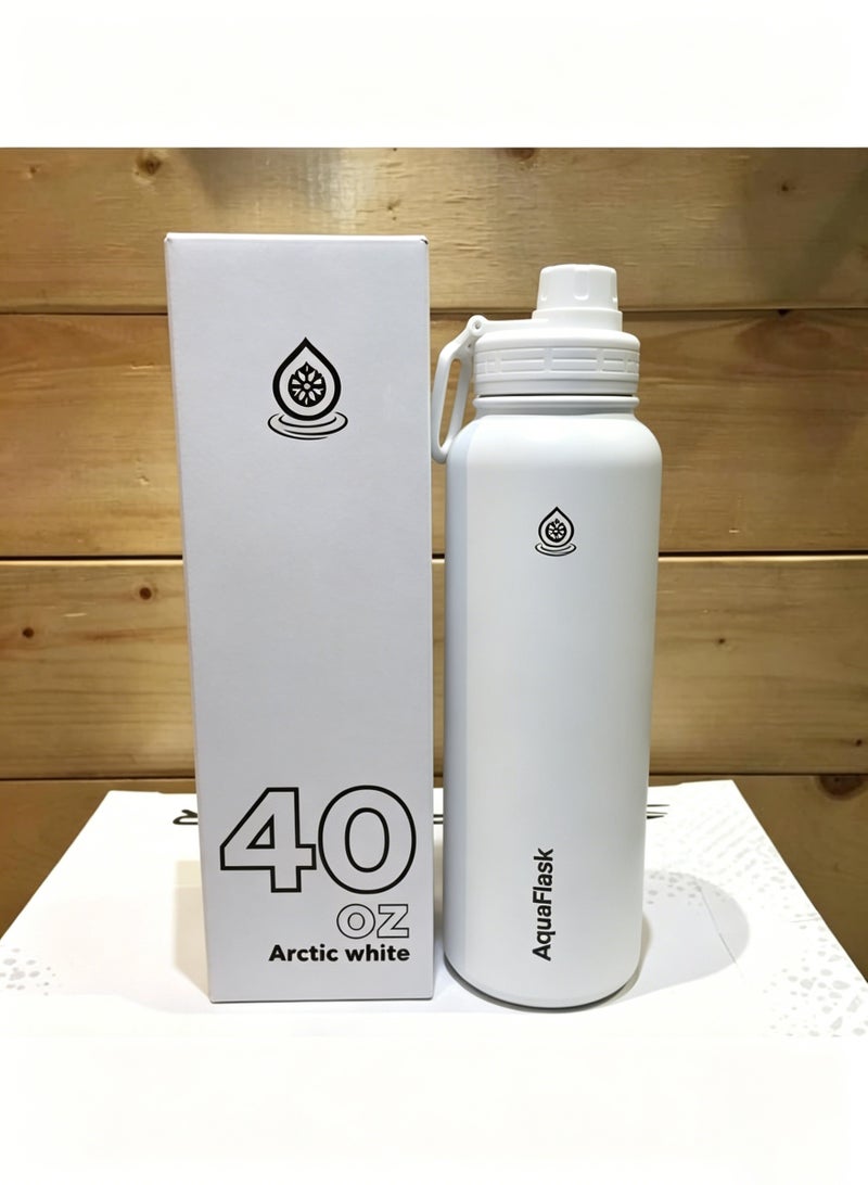 AquaFlask زجاجة ماء من الفولاذ المقاوم للصدأ معزولة، 40 أونصة/1200 مل، ترمس مزدوج الجدران للسوائل الساخنة والباردة، احتفاظ بالحرارة لمدة 12 ساعة أو البرودة لمدة 24 ساعة، خالية من BPA، للاستخدام في الصالة الرياضية والعمل - Image 4