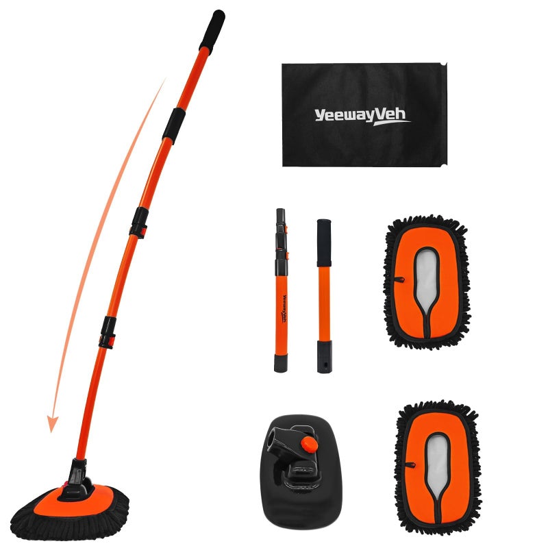 YeewayVeh 55 Car Wash Brush Mop with Long Handle 15 Degree Curved Extendable Car Wash Brush with Extra Microfiber Mop Head Soft Car Washing Brushes with Storage Bag for Truck SUV Cleaning Orange