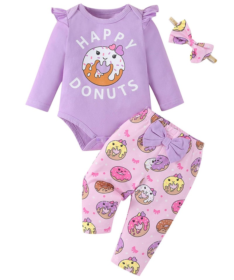 Fullfamous Newborn Baby Girl Clothes Gifts Outfits Spring Fall Winter Long Sleeve Romper and Pant Set Purple Donut 0-3 months - Image 1