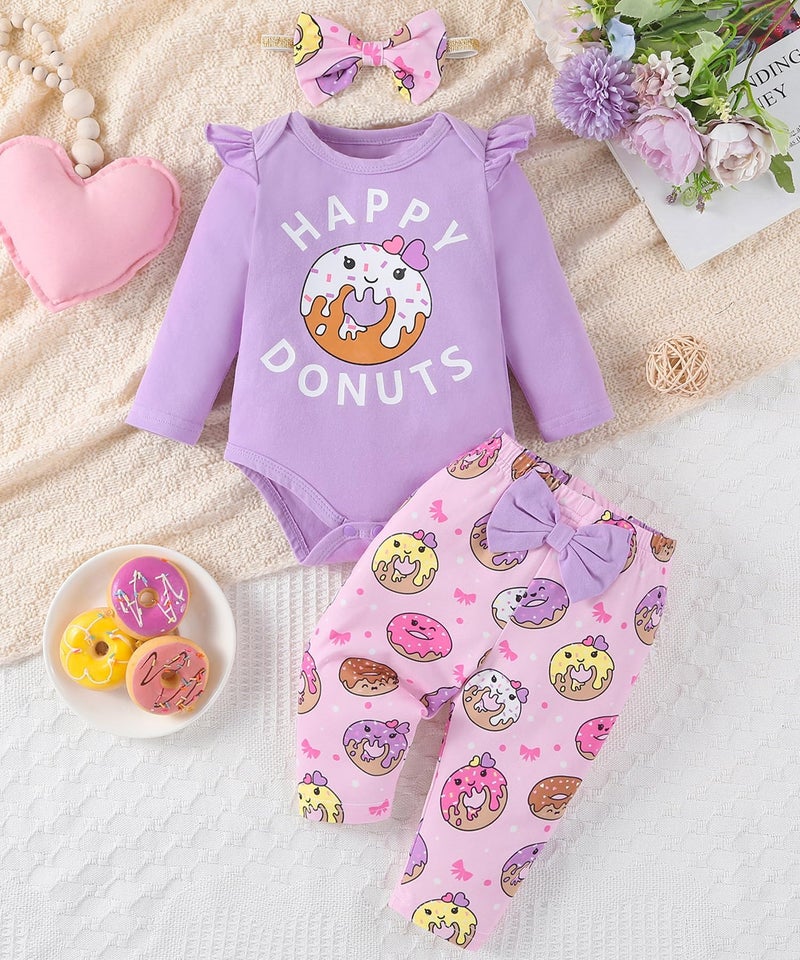 Fullfamous Newborn Baby Girl Clothes Gifts Outfits Spring Fall Winter Long Sleeve Romper and Pant Set Purple Donut 0-3 months - Image 2