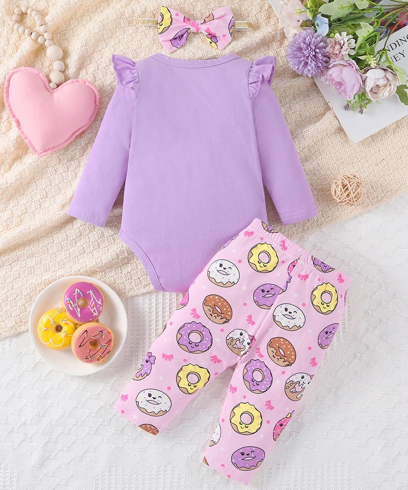 Fullfamous Newborn Baby Girl Clothes Gifts Outfits Spring Fall Winter Long Sleeve Romper and Pant Set Purple Donut 0-3 months - Image 3