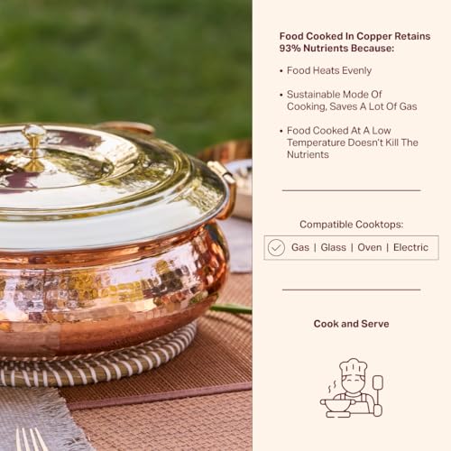 P-TAL P•TAL Copper Hammered Lagaan 4L | Tin Coated with Brass Lid | 100% Pure Copper Degchi for Cooking Biryani Handi Ptal Brass Utensils for Kitchen - Image 5