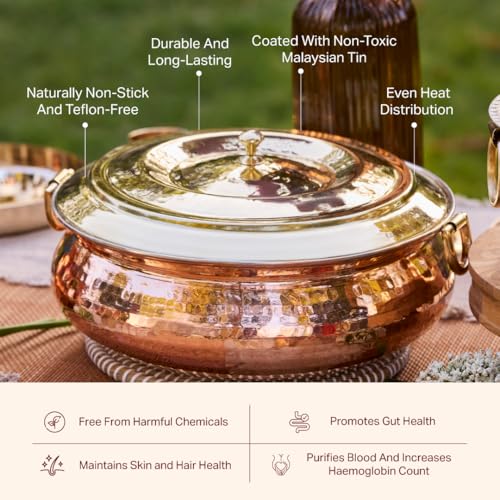 P-TAL P•TAL Copper Hammered Lagaan 4L | Tin Coated with Brass Lid | 100% Pure Copper Degchi for Cooking Biryani Handi Ptal Brass Utensils for Kitchen - Image 3
