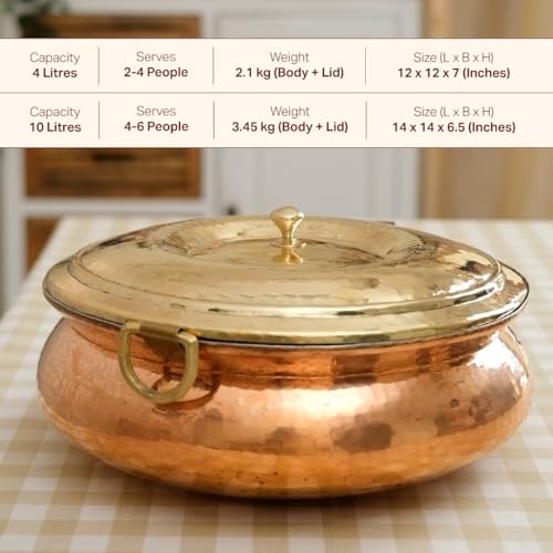 P-TAL P•TAL Copper Hammered Lagaan 4L | Tin Coated with Brass Lid | 100% Pure Copper Degchi for Cooking Biryani Handi Ptal Brass Utensils for Kitchen - Image 2