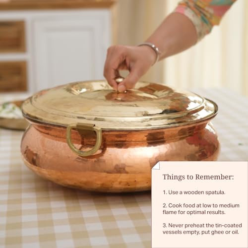 P-TAL P•TAL Copper Hammered Lagaan 4L | Tin Coated with Brass Lid | 100% Pure Copper Degchi for Cooking Biryani Handi Ptal Brass Utensils for Kitchen - Image 4