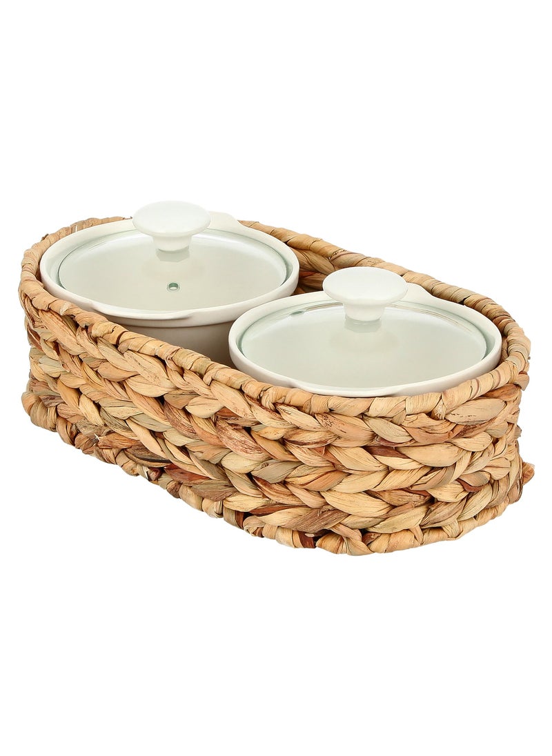 La Mesa 2 Pieces Round Casseroles With Lid And Rattan Basket White/Brown 0.6 Liter  - Image 3