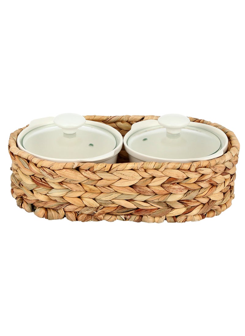 La Mesa 2 Pieces Round Casseroles With Lid And Rattan Basket White/Brown 0.6 Liter  - Image 2