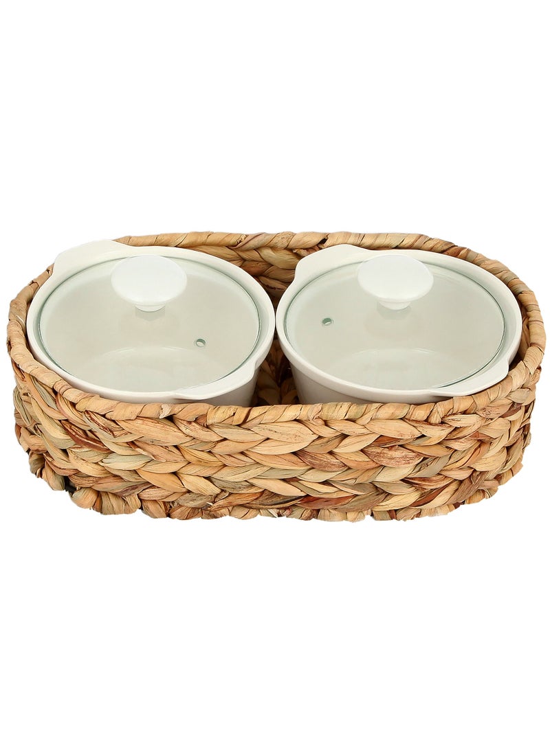 La Mesa 2 Pieces Round Casseroles With Lid And Rattan Basket White/Brown 0.6 Liter  - Image 4