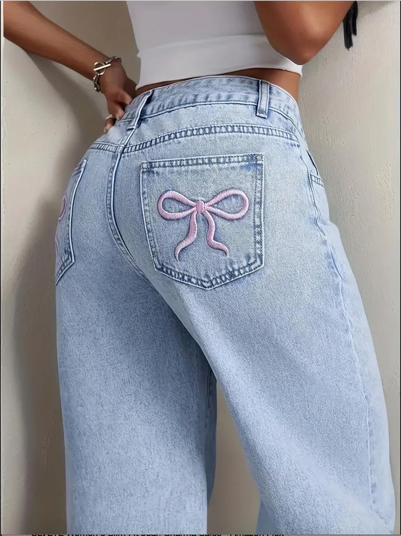 Nifty Women's Denim Stretchable High Waist Light Wash Baggy Jeans (1477_ICE_32_Light_Blue_32) || Back Pocket Bow tie Detail - Image 5