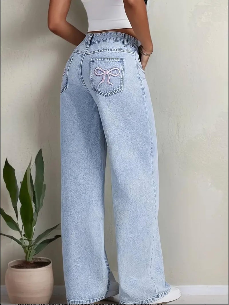Nifty Women's Denim Stretchable High Waist Light Wash Baggy Jeans (1477_ICE_32_Light_Blue_32) || Back Pocket Bow tie Detail - Image 3