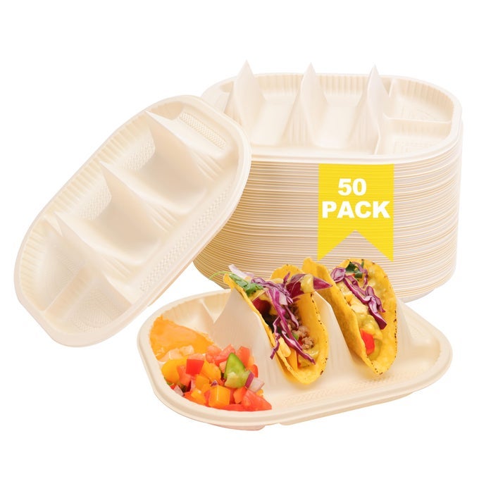 50 PACK DISPOSABLE TACO HOLDER WITH DIPPING SIDES BIODEGRADABLE CORNSTARCH TACO PLATES FOR PARTY SMALL SIZE FIT FOR 56 INCH NORMAL TORTILLA MICROWAVE SAFE