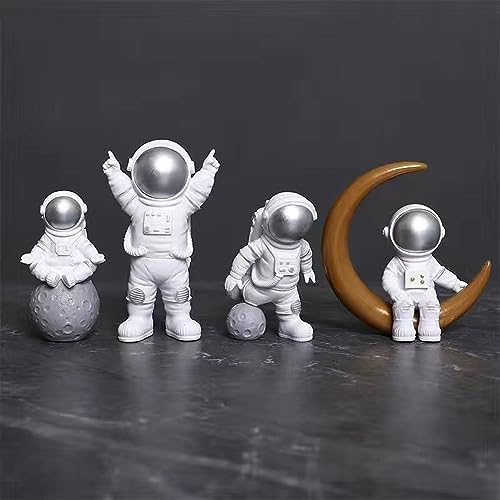 Ni-JASW Silver White Astronaut Statues Set of 4, Spaceman Sculptures Figurines Space Theme Decor for Room Shelf Desk Cake Toppers - Image 1