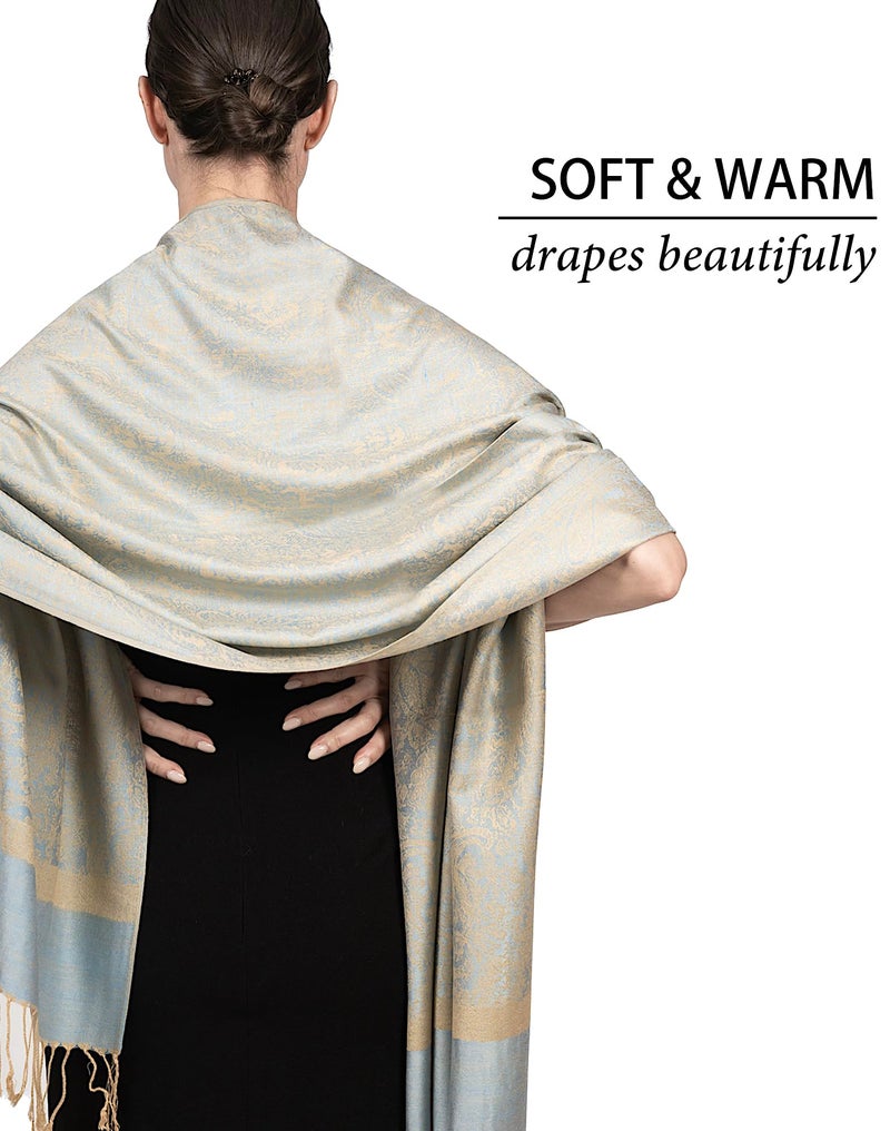 Achillea Women's Two Tone Vintage Jacquard Paisley Pashmina Shawl Wrap Scarf (Light Blue Tan) - Image 4