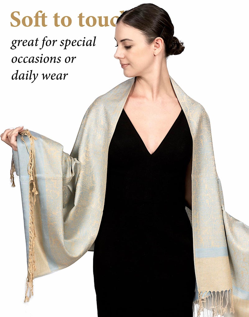 Achillea Women's Two Tone Vintage Jacquard Paisley Pashmina Shawl Wrap Scarf (Light Blue Tan) - Image 3