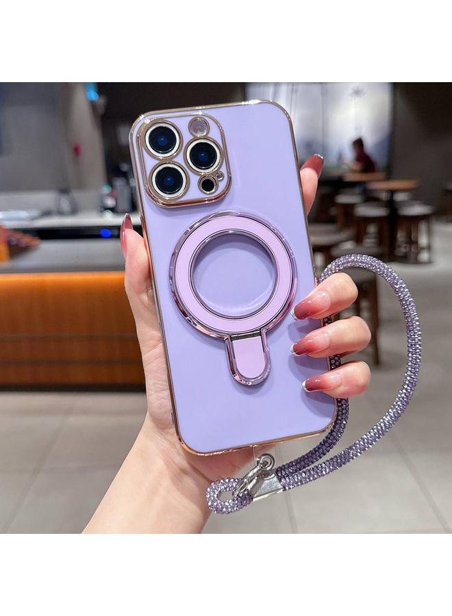 اس-توب جراب لهاتف iPhone 16 Pro Max بلون سادة مع حامل معدني مطلي بالكهرباء مع حبل - Image 1
