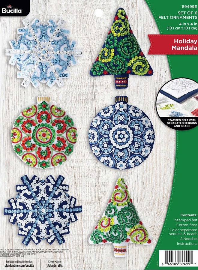 Bucilla Felt Applique 6 Piece Ornament Making Kit, Mandala Christmas, Perfect for DIY Arts and Crafts, 89499E - Image 1