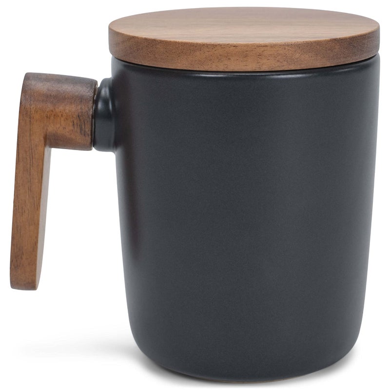 Nat and Jules Nat & Jules Japanese Style Black 12 ounce Stoneware Wood Handled Mug With Coaster Lid - Image 1
