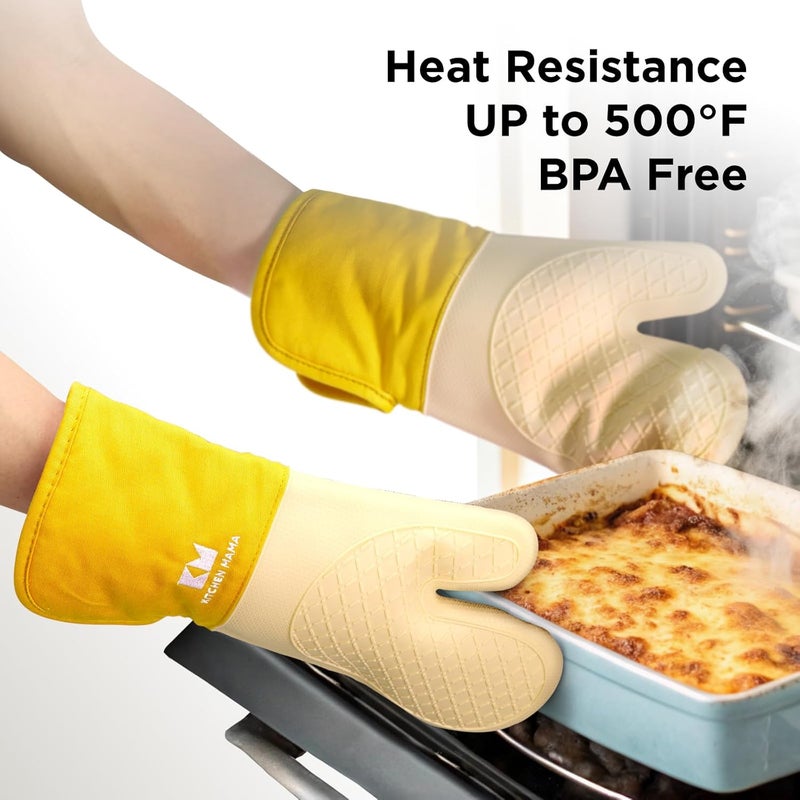 Kitchen Mama UltraShield Silicone Oven Mitts – Heat Resistant, Non-Slip Surface, Durable, Safe, Pot Holders, Flexible Waterproof Glove Set, Perfect for Cooking, Baking, Grilling, BBQ (Yellow) - Image 3
