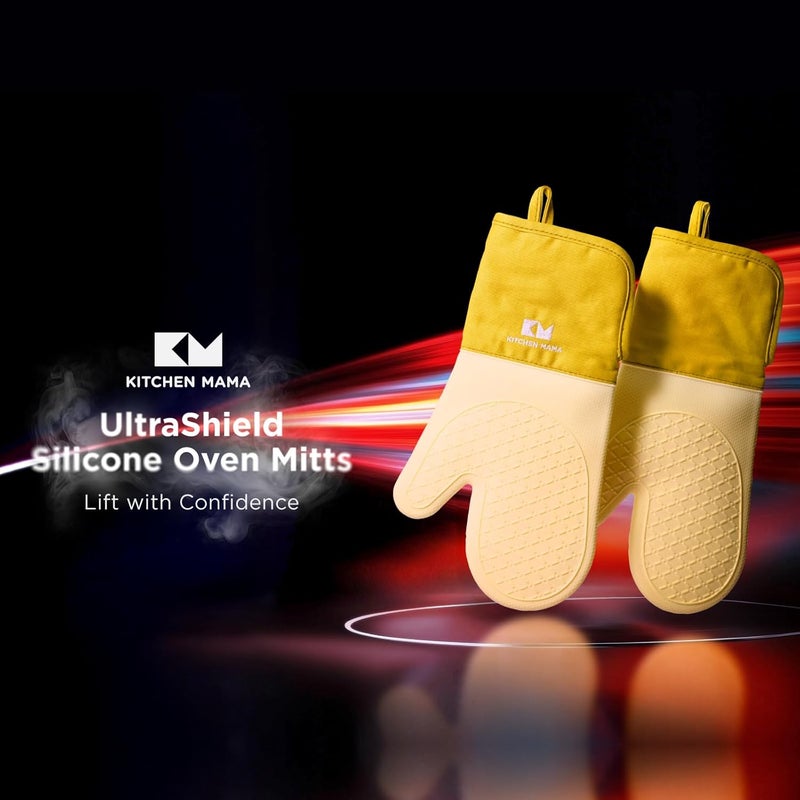 Kitchen Mama UltraShield Silicone Oven Mitts – Heat Resistant, Non-Slip Surface, Durable, Safe, Pot Holders, Flexible Waterproof Glove Set, Perfect for Cooking, Baking, Grilling, BBQ (Yellow) - Image 2