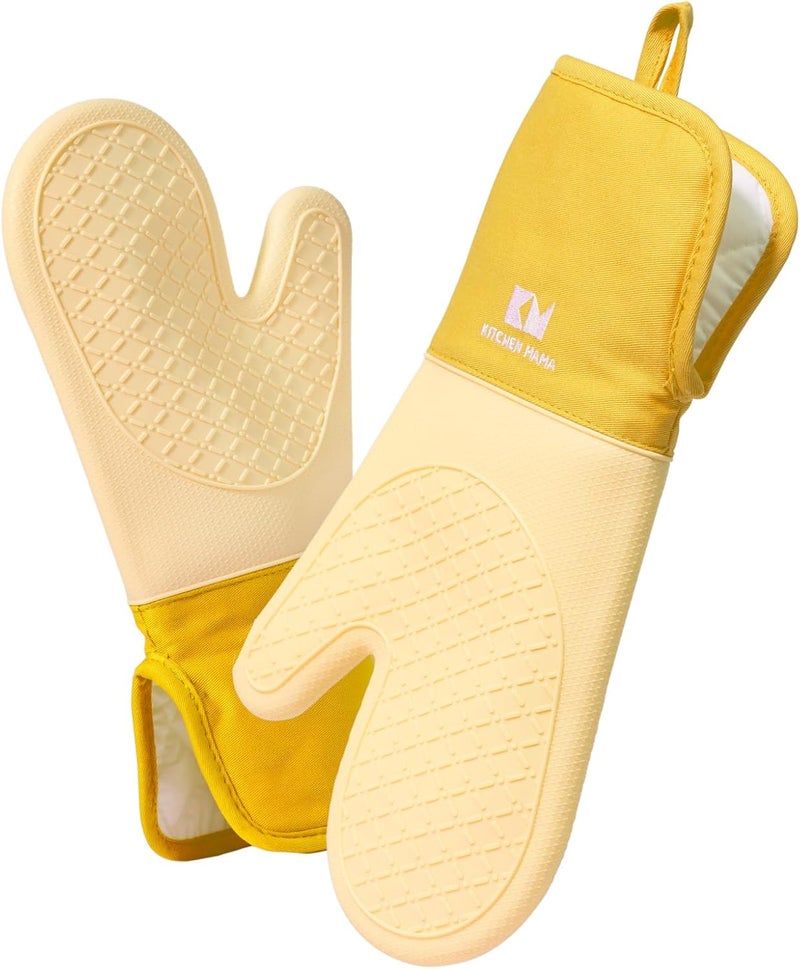 Kitchen Mama UltraShield Silicone Oven Mitts – Heat Resistant, Non-Slip Surface, Durable, Safe, Pot Holders, Flexible Waterproof Glove Set, Perfect for Cooking, Baking, Grilling, BBQ (Yellow) - Image 1