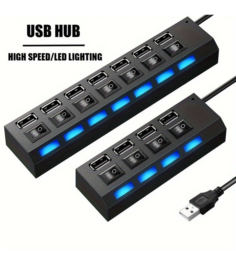 White 7 Ports High Speed USB 2.0 Hub with Power Switch and LED Indicators Plug And Play Expand Connectivity For Laptop - Image 1