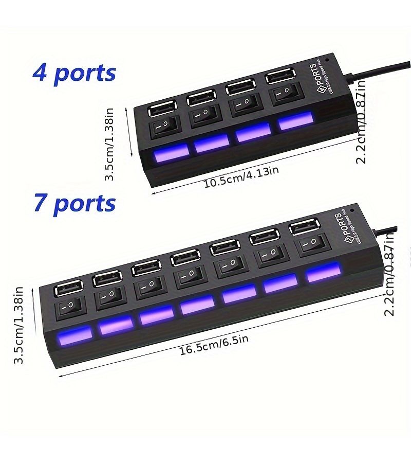 White 7 Ports High Speed USB 2.0 Hub with Power Switch and LED Indicators Plug And Play Expand Connectivity For Laptop - Image 2