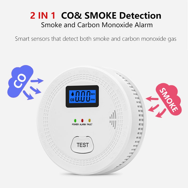 Smoke And Carbon Monoxide Detectors 2 Pack White - Dual High Stability Sensors Audible Visual Alarms LCD Display for Home Indoor Use - Image 3