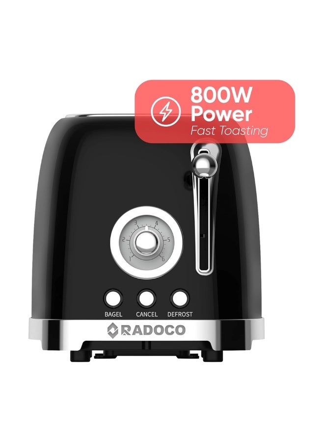 Radoco Retro Style Toaster – 2Slices – 800W – Steel with Lid – Defrost, Reheat & Cancel Functions – Black – RD-LT3300BK - Image 1