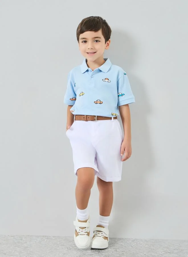 Styli Boys White Solid Woven Shorts with Belt