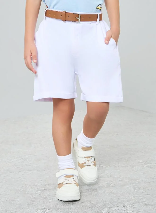 Styli Boys White Solid Woven Shorts with Belt