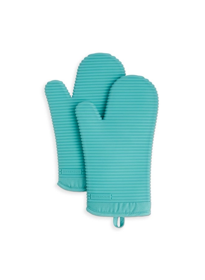 KitchenAid KitchenAid Ribbed Soft Silicone Oven Mitt Set, 7"x13", Aqua Sky 2 Count  - Image 1